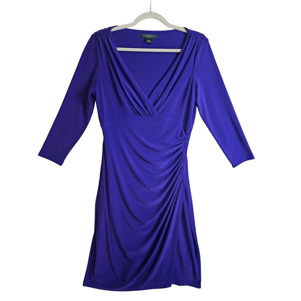 Lauren Ralph Lauren Women 8 Purple Ruched Side Sheath Jersey Dress Slimming #509